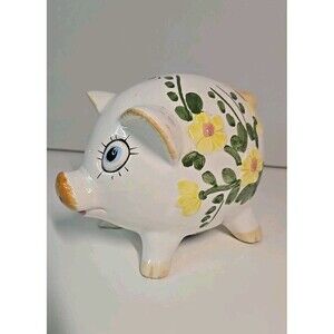 Vintage Piggy Bank  Sweetest Blue Eyes With Yellow Flowers Ceramic Has Stopper